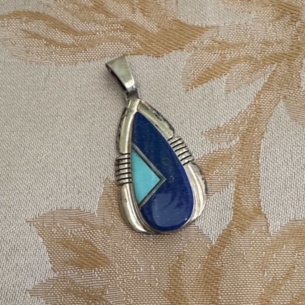 Signed J Charley Silver Pendant with Blue and Turquoise Inlay